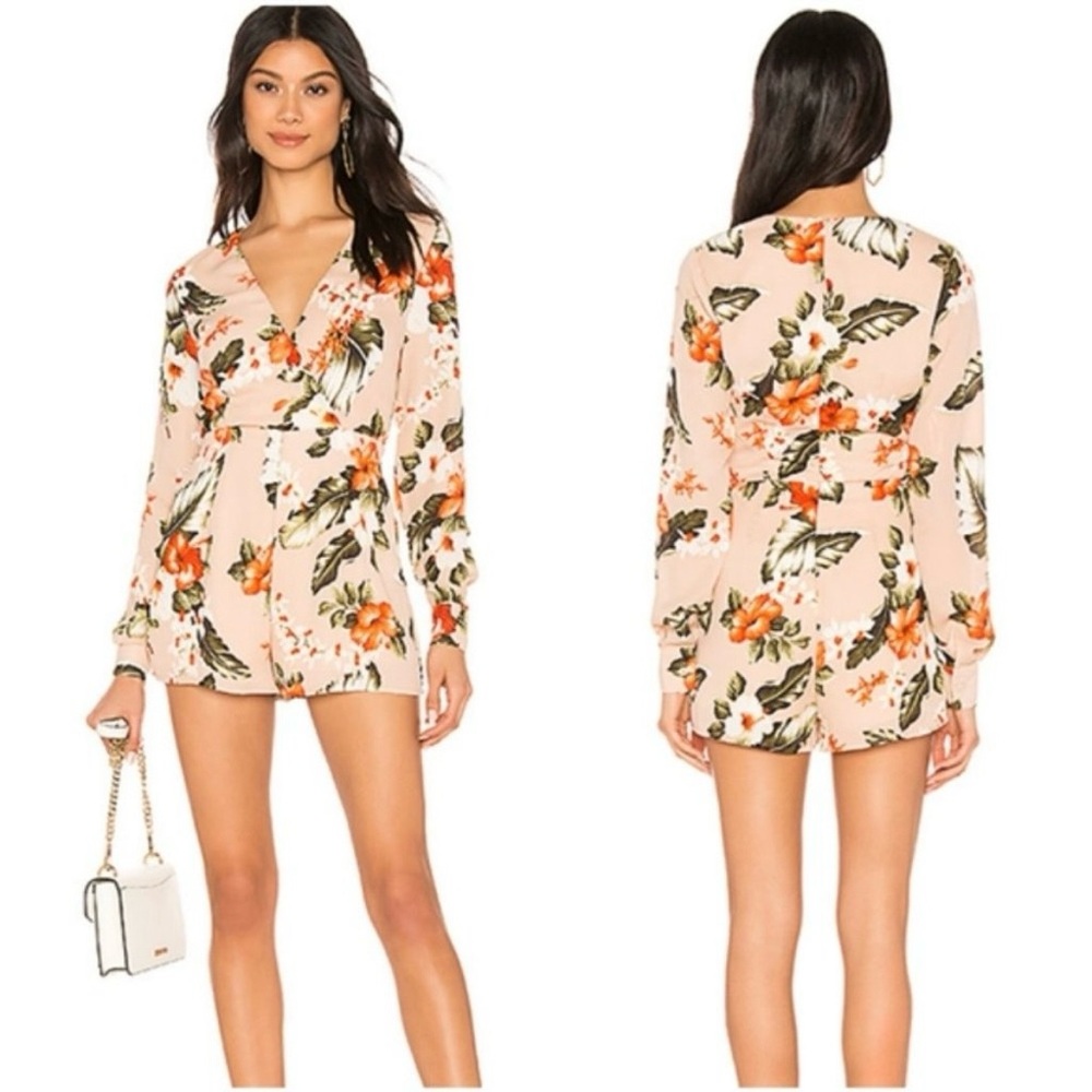 Superdown Ilah Floral Surplice Romper Size XS Pink Beige Long Sleeve